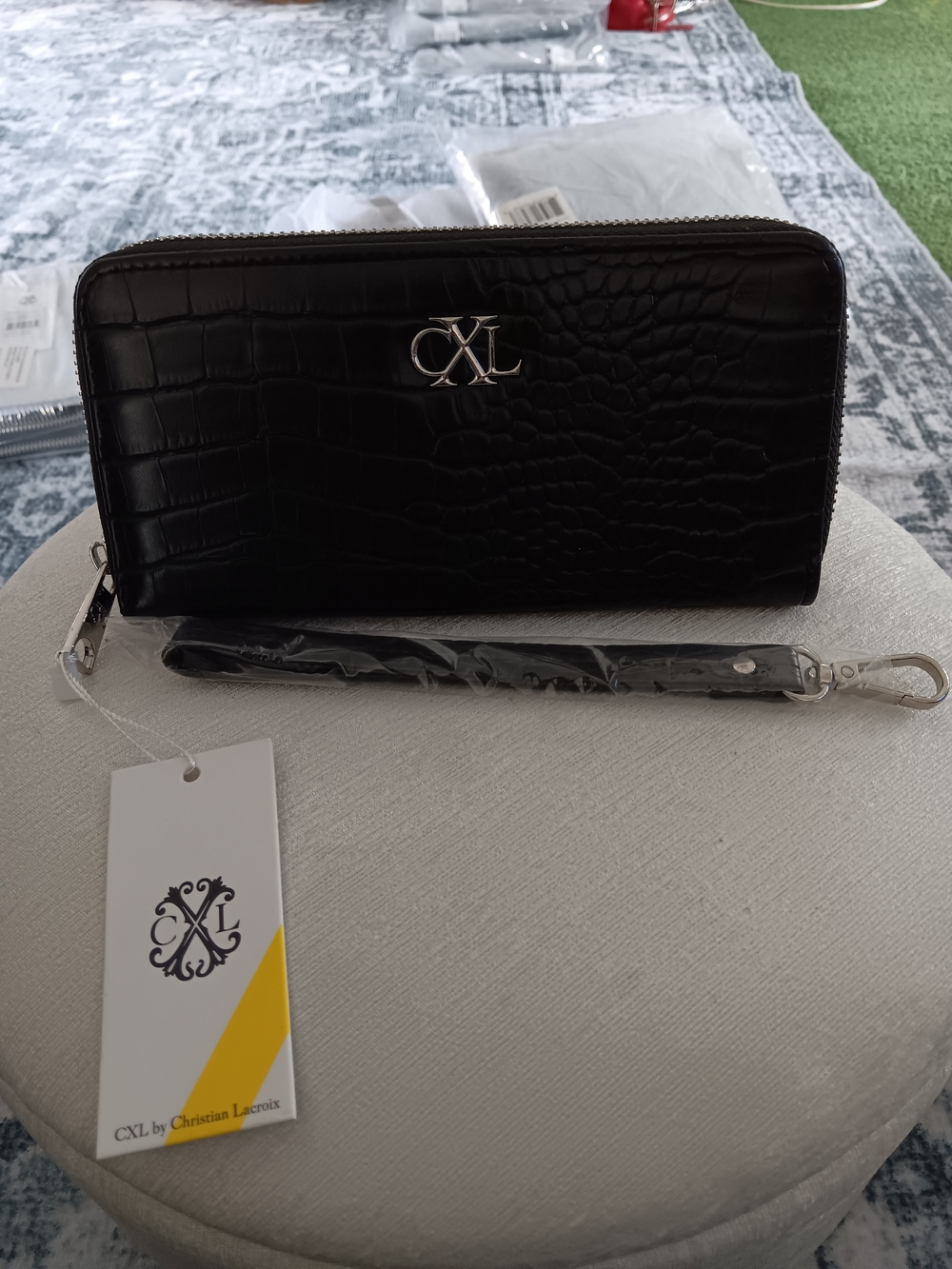 Christian Lacroix Black Croc-Embossed Zip Wallet with Wristlet New.